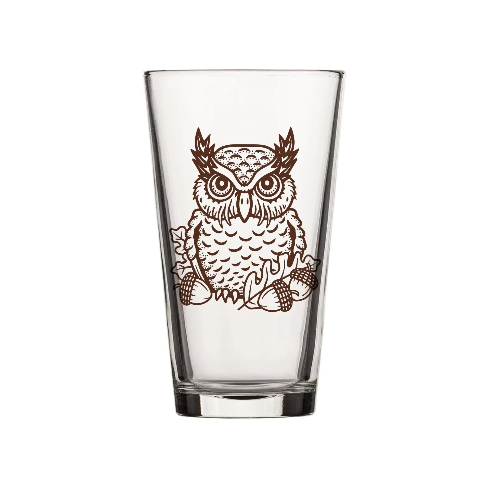 Unique Owl Pint Glass - 16 Oz Whimsical Design with Acorns & Oak Leaves - Pint Glass - Two Little Fruits - Two Little Fruits