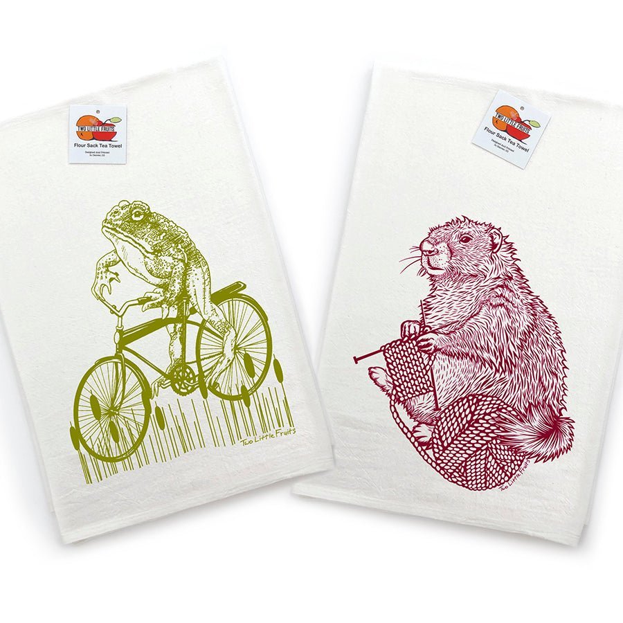 Unique Tea Towel Gifts: Toadster The Frog & Knitting Marmot Set - 100% Cotton, Eco - Friendly Design - Tea Towels - Two Little Fruits - Two Little Fruits