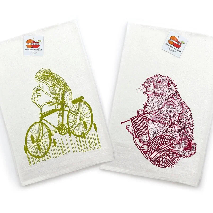 Unique Tea Towel Gifts: Toadster The Frog & Knitting Marmot Set - 100Cotton, Eco - Friendly Design - Tea Towels - Two Little Fruits - Two Little Fruits