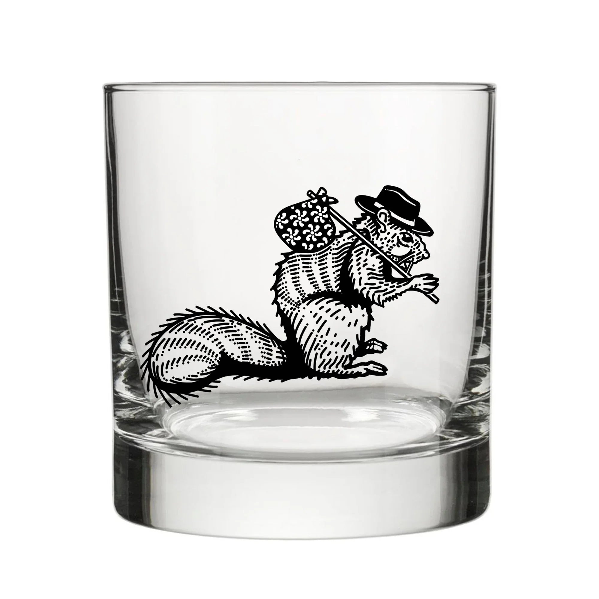 Unique Whiskey Glass Featuring Hobo Squirrel Design – 10 Oz Capacity, Dishwasher Safe - Rocks Glass - Two Little Fruits - Two Little Fruits