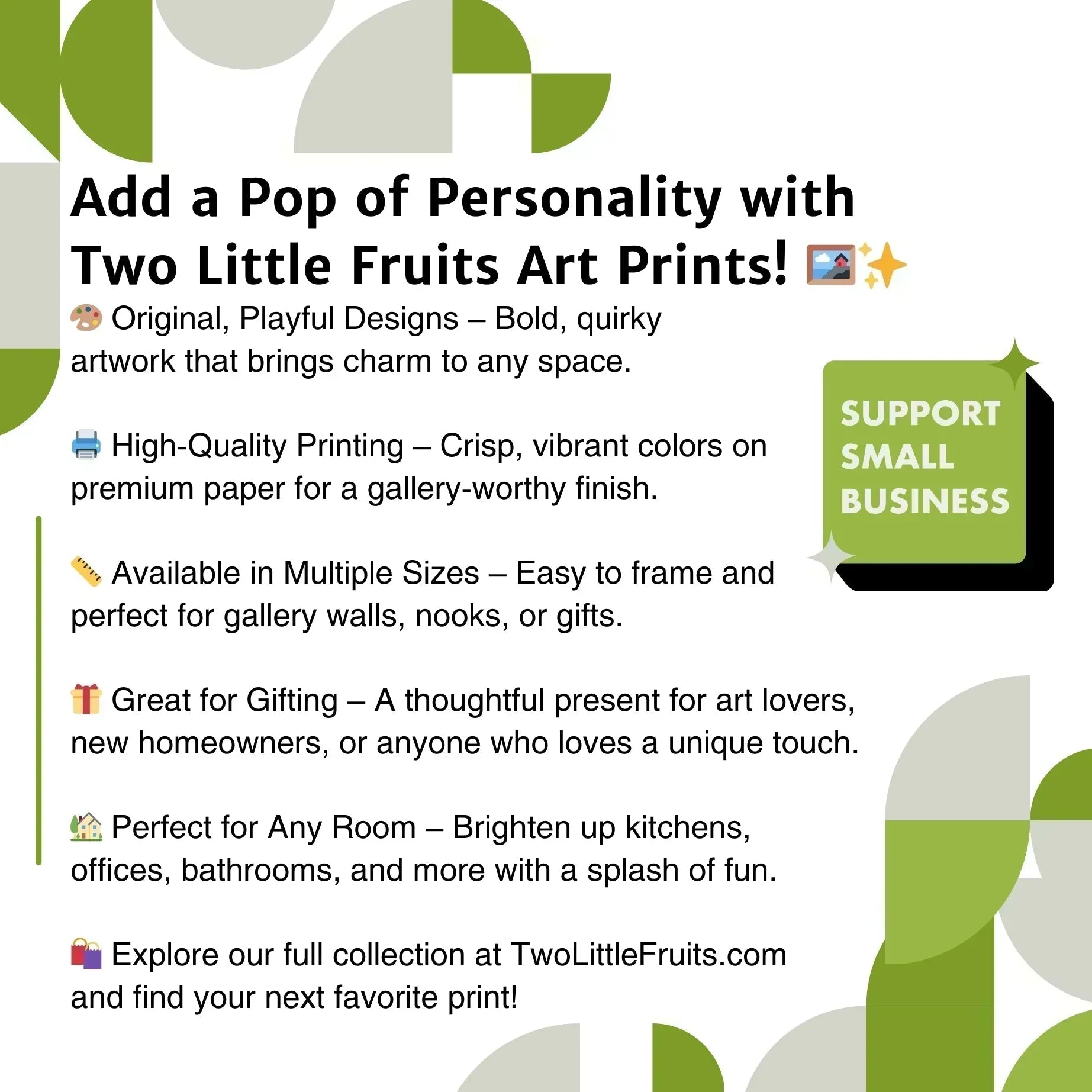 Promotional image for Two Little Fruits Art Prints, highlighting features like high-quality printing and playfulness, linking to the Bento The Octopus Art Print theme.