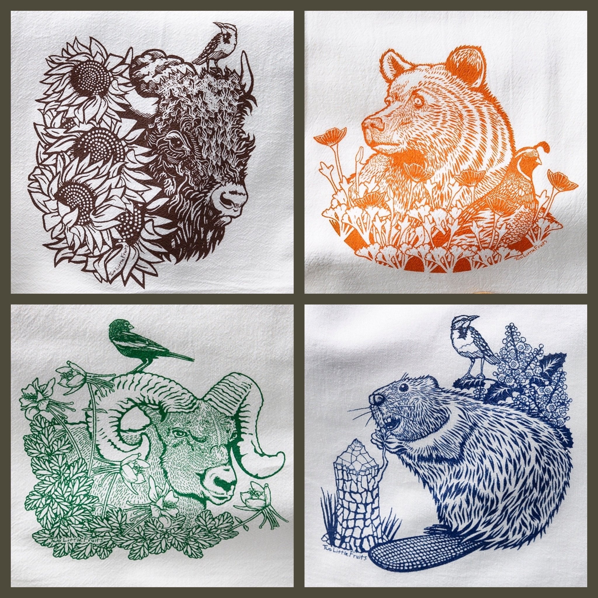 4 Yellowstone Wildlife Tea Towels Set - Hand Illustrated Kitchen Towels by Two Little Fruits - Tea Towels - Two Little Fruits - Two Little Fruits