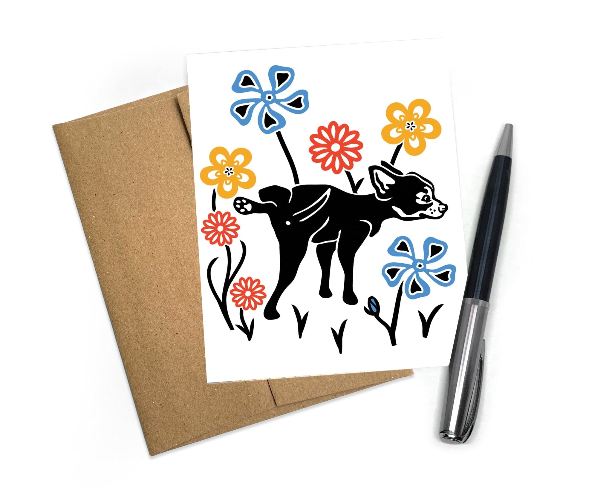 A2 Dog Greeting Card with Beautiful Flowers - Blank Inside, Includes Brown Envelope - Greeting Cards - Two Little Fruits - Two Little Fruits