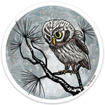 Vibrant Winter Watch Owl Sticker showcasing an owl perched on a branch against a moonlit background. A fun owl vinyl sticker from Two Little Fruits!