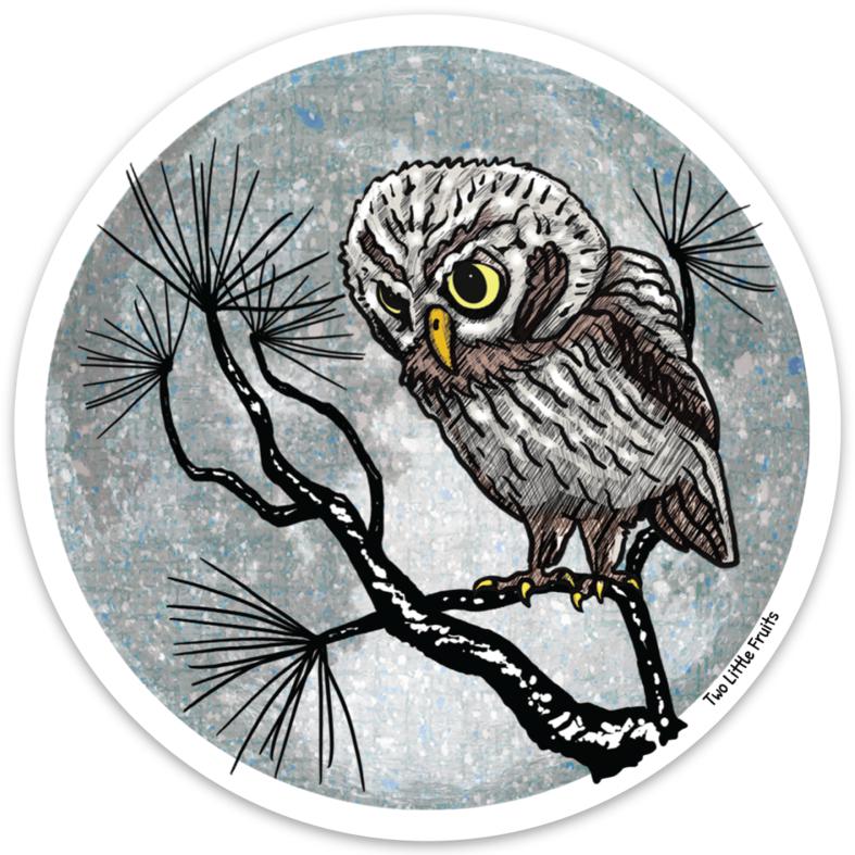 Vibrant Winter Watch Owl Sticker showcasing an owl perched on a branch against a moonlit background. A fun owl vinyl sticker from Two Little Fruits!