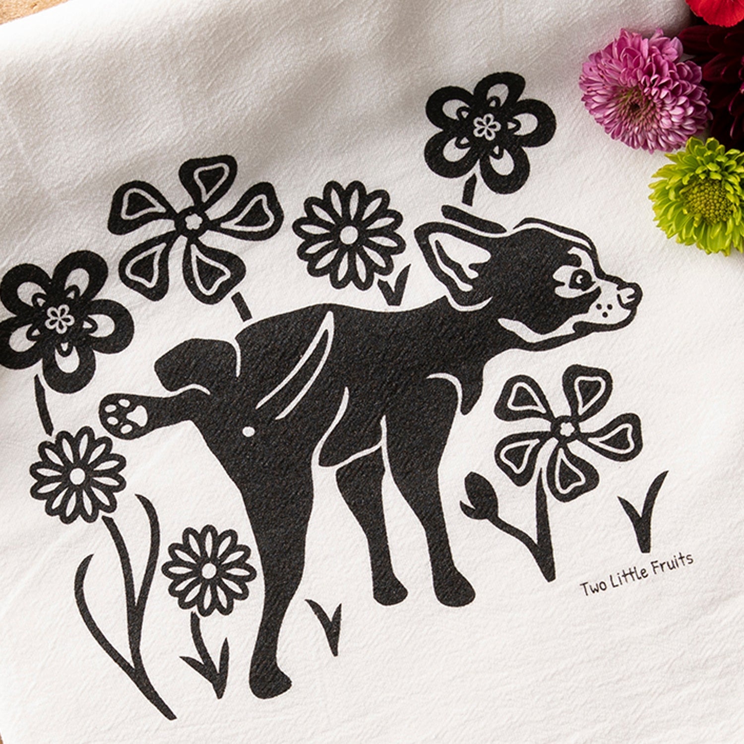 Adorable Dog Kitchen Towels Featuring Whimsical Dog and Flowers Design - 100% Cotton, Eco - Friendly - Tea Towels - Two Little Fruits - Two Little Fruits