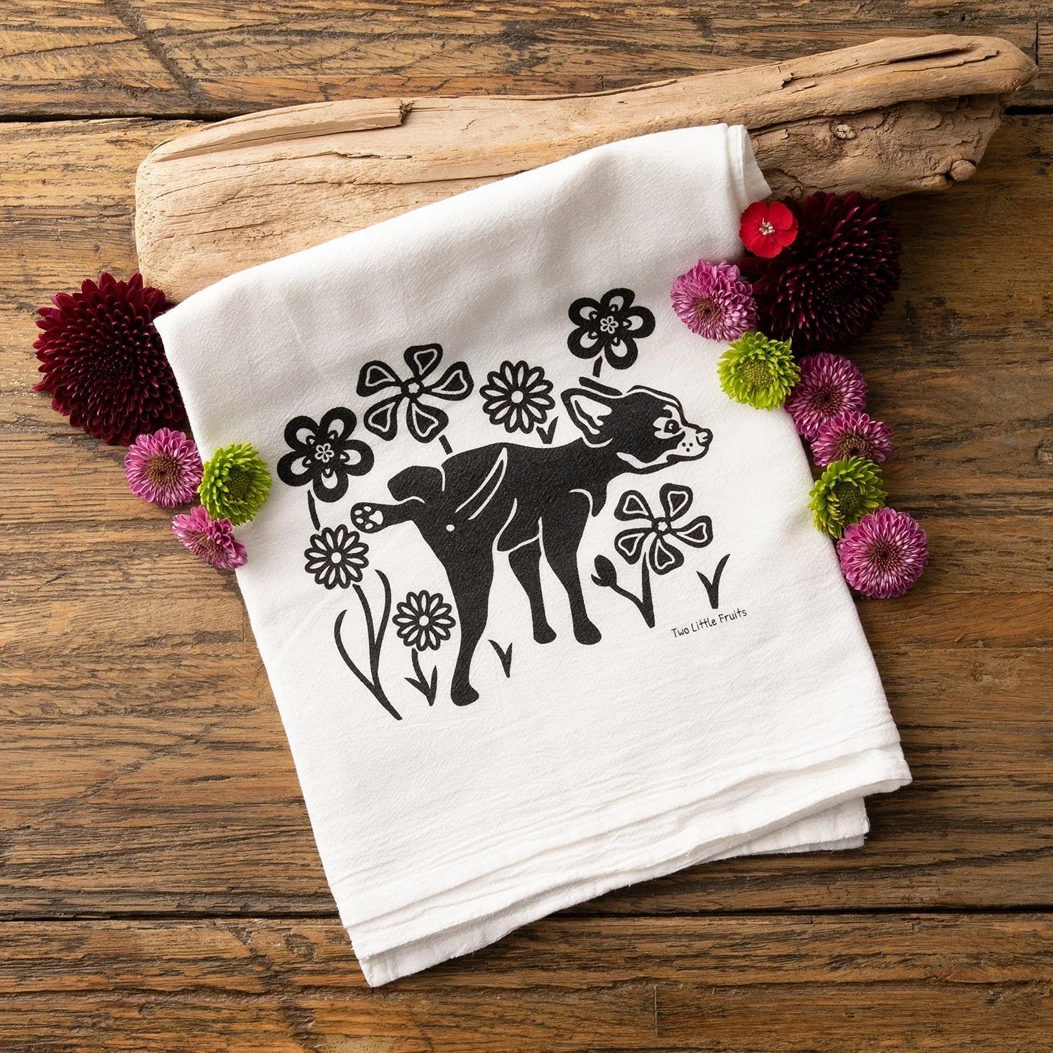 Adorable Dog Kitchen Towels Featuring Whimsical Dog and Flowers Design - 100Cotton, Eco - Friendly - Tea Towels - Two Little Fruits - Two Little Fruits