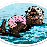 Vibrant Sea Otter Sticker displaying a happy otter enjoying a pink doughnut while floating in the sea.
