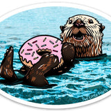 Vibrant Sea Otter Sticker displaying a happy otter enjoying a pink doughnut while floating in the sea.