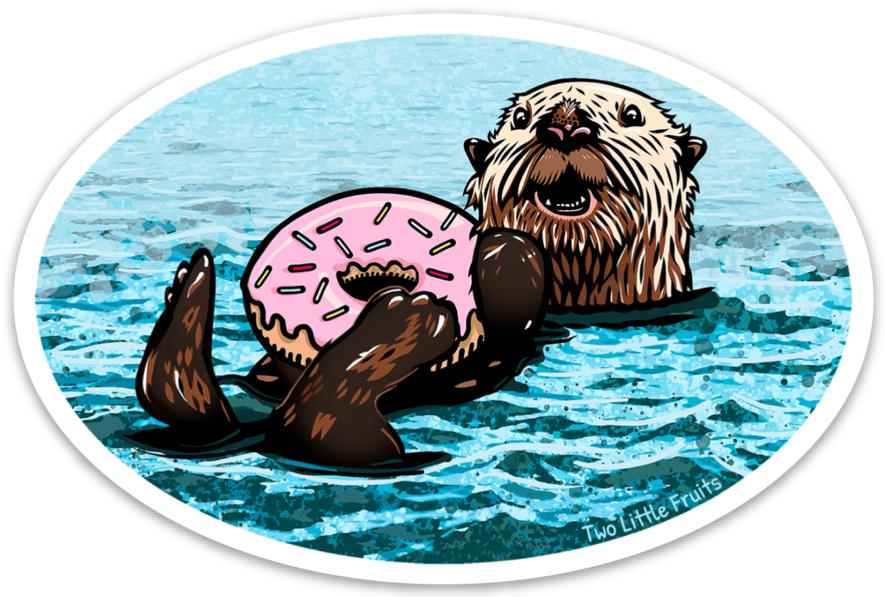 Vibrant Sea Otter Sticker displaying a happy otter enjoying a pink doughnut while floating in the sea.