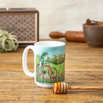 frog on vintage bicycle large 15 oz illustrated ceramic mug 15 oz by Two Little Fruits
