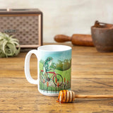 frog on vintage bicycle large 15 oz illustrated ceramic mug 15 oz by Two Little Fruits