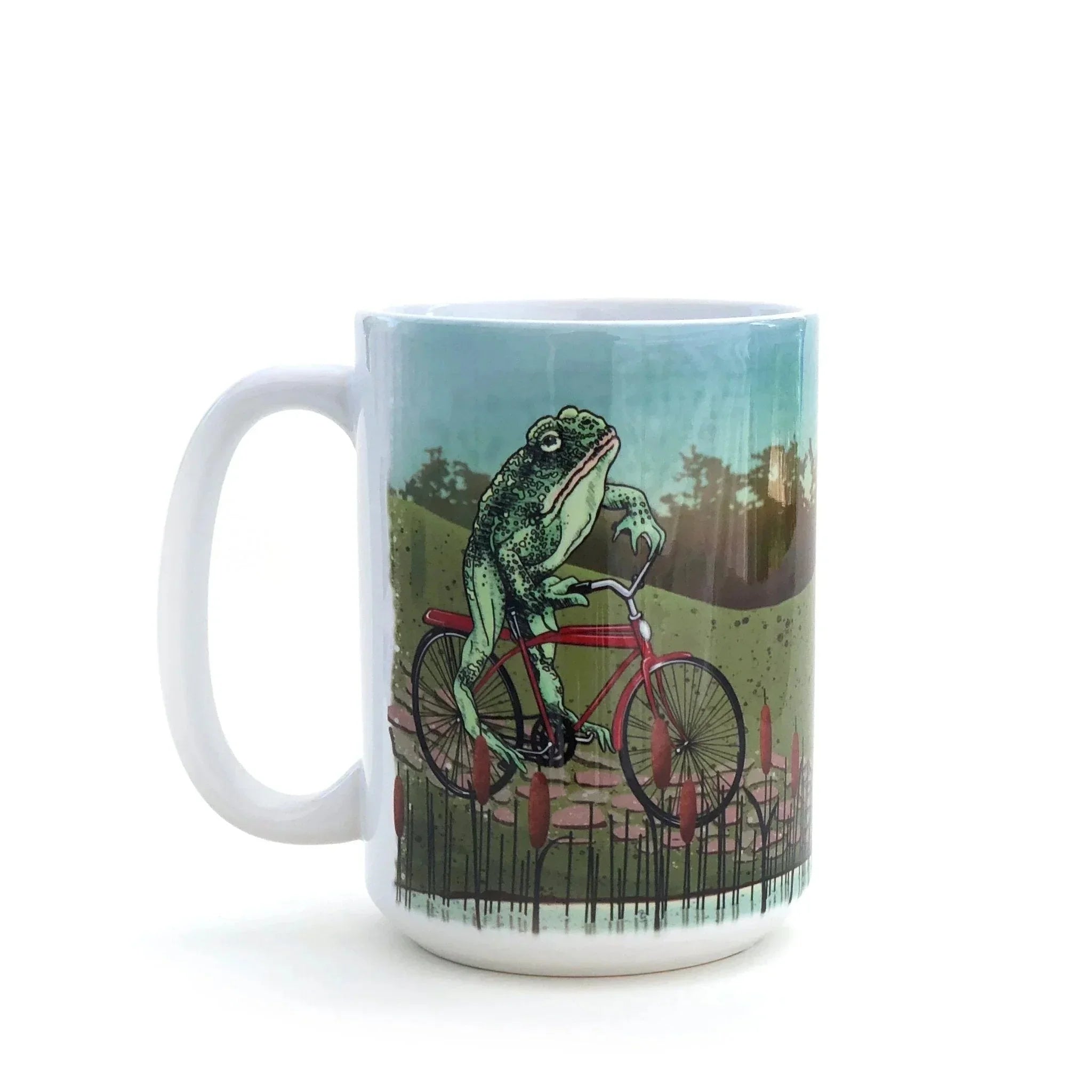 frog on vintage bicycle large 15 oz illustrated ceramic mug 15 oz by Two Little Fruits