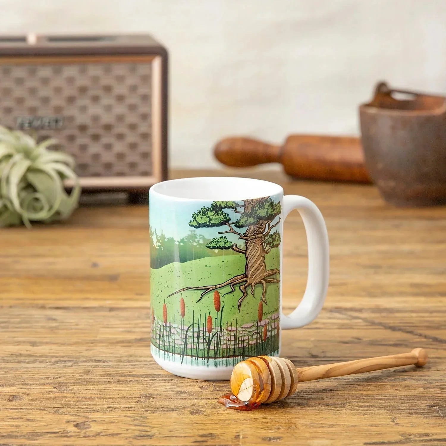 frog on vintage bicycle large 15 oz illustrated ceramic mug 15 oz by Two Little Fruits