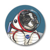 Close-up view of the astronaut dog button pin displaying a dog in a space suit against a blue background, ideal for dog lovers and space enthusiasts.