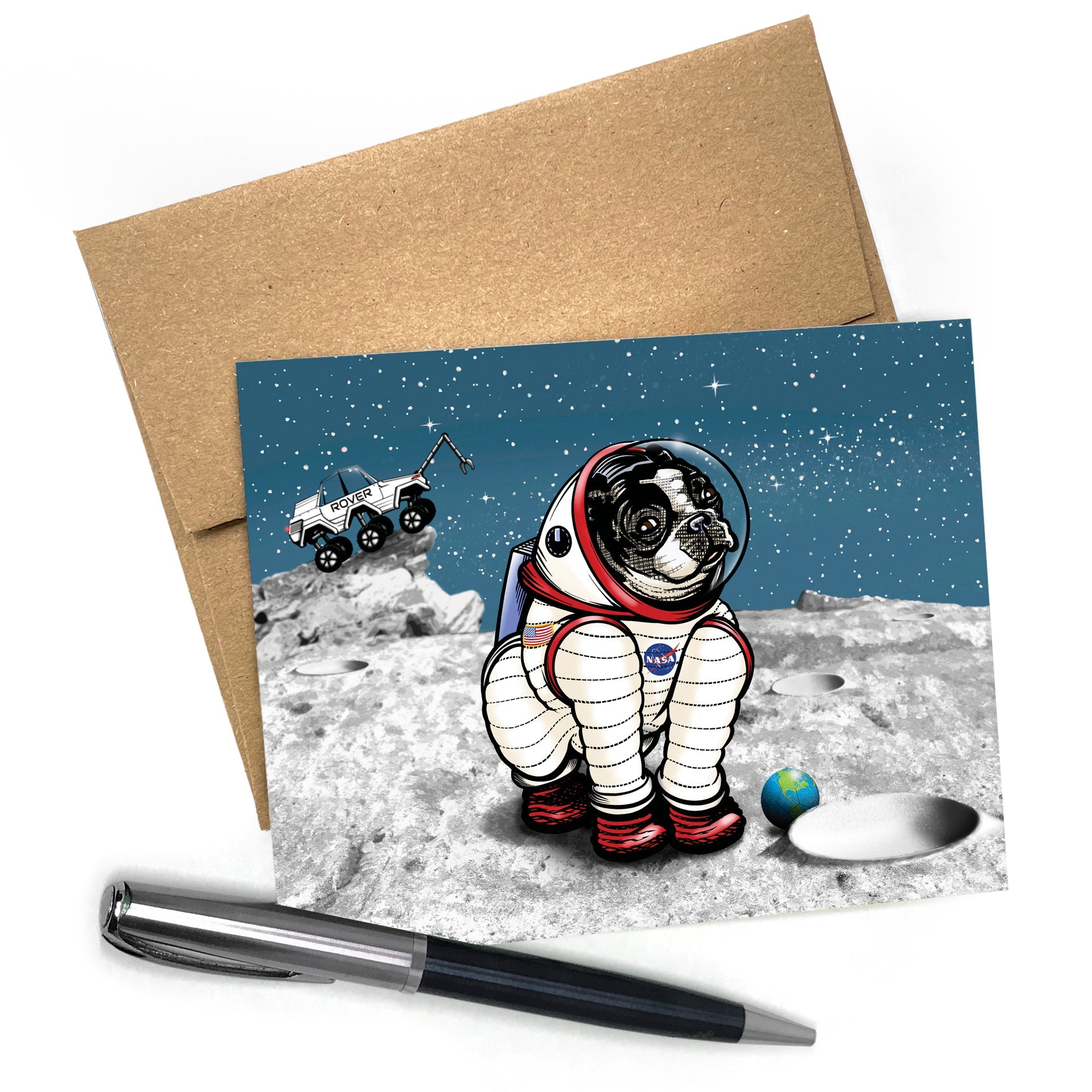 A whimsical dog greeting card featuring a pug in an astronaut suit on the moon with a rover in the background, highlighting the playful theme perfect for dog lovers.