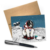 Astronaut Dog Greeting Card featuring a playful pug in an astronaut outfit on a moon-like surface with a rover, perfect for dog lovers.
