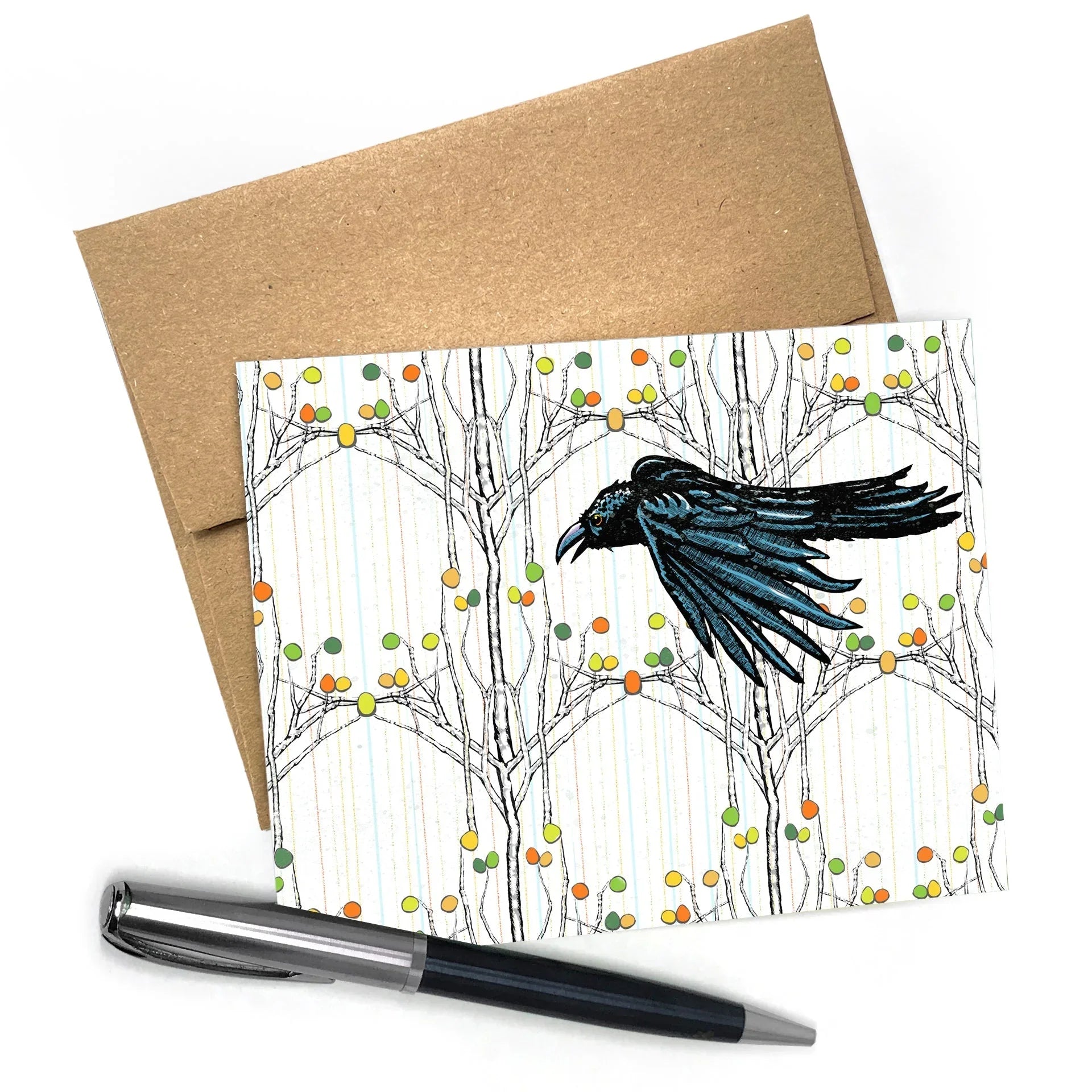 Beautiful Crow Greeting Card - A2 Size, Blank Inside with Artistic Illustration - Greeting Cards - Two Little Fruits - Two Little Fruits