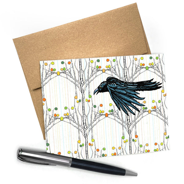 Beautiful Crow Greeting Card - A2 Size, Blank Inside with Artistic Illustration - Greeting Cards - Two Little Fruits - Two Little Fruits