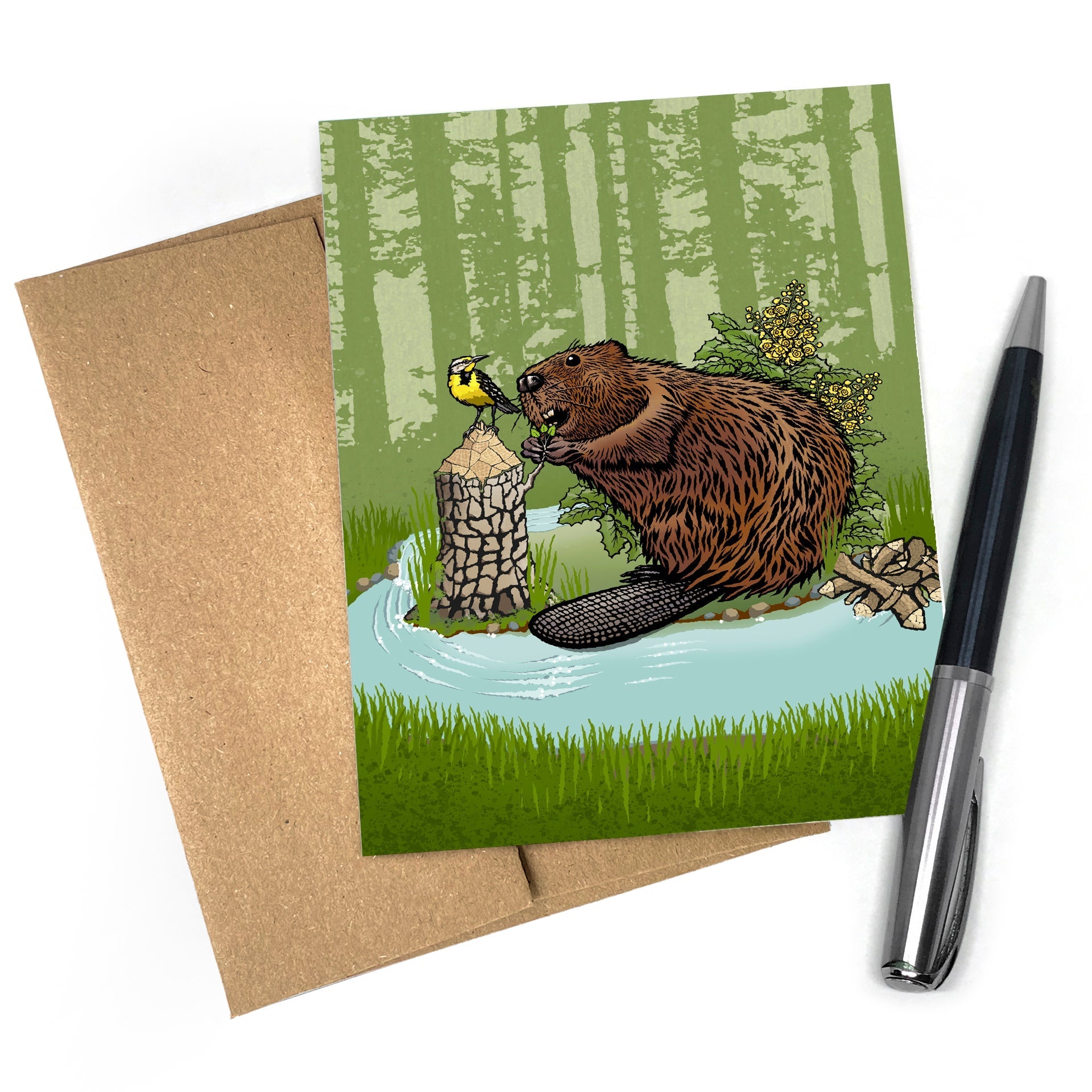 Beaver Greeting Card with Oregon Grape - Blank Inside, A2 Size, Eco - Friendly Packaging - Greeting Cards - Two Little Fruits - Two Little Fruits