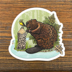 Beaver Illustration Sticker Featuring Oregon Grape & Western Meadowlark - Durable Vinyl Decal - Sticker - Two Little Fruits - Two Little Fruits