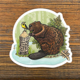 Beaver Illustration Sticker Featuring Oregon Grape & Western Meadowlark - Durable Vinyl Decal - Sticker - Two Little Fruits - Two Little Fruits
