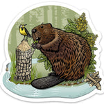 Beaver Illustration Sticker Featuring Oregon Grape & Western Meadowlark - Durable Vinyl Decal - Sticker - Two Little Fruits - Two Little Fruits