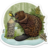 Beaver Illustration Sticker Featuring Oregon Grape & Western Meadowlark - Durable Vinyl Decal - Sticker - Two Little Fruits - Two Little Fruits