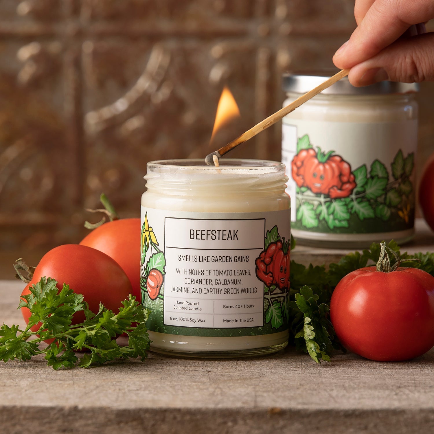 Beefsteak Tomato Leaf Candle - 100% Soy Wax, Eco - Friendly, Hand - Poured, 40+ Hour Burn Time - Soy Candles - Two Little Fruits - Two Little Fruits