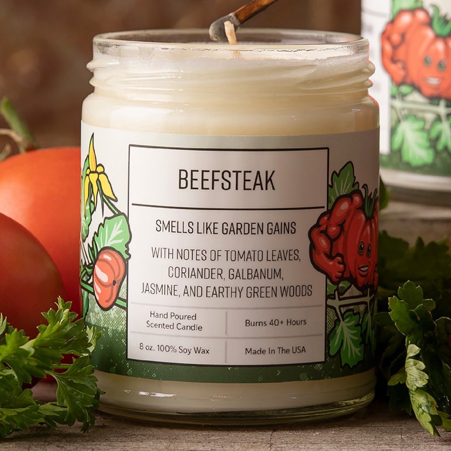 Beefsteak Tomato Leaf Candle - 100% Soy Wax, Eco - Friendly, Hand - Poured, 40+ Hour Burn Time - Soy Candles - Two Little Fruits - Two Little Fruits