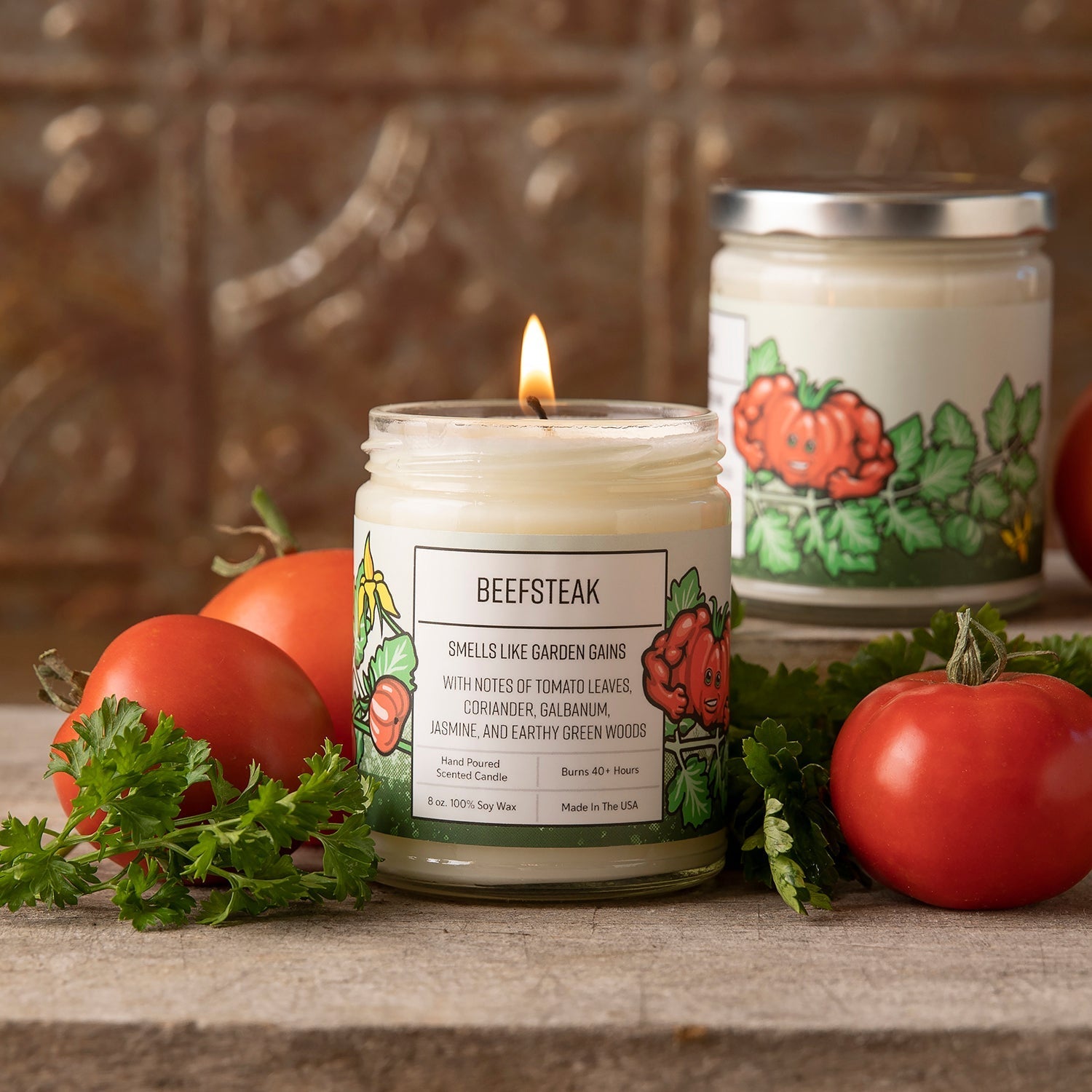 Beefsteak Tomato Leaf Candle - 100% Soy Wax, Eco - Friendly, Hand - Poured, 40+ Hour Burn Time - Soy Candles - Two Little Fruits - Two Little Fruits