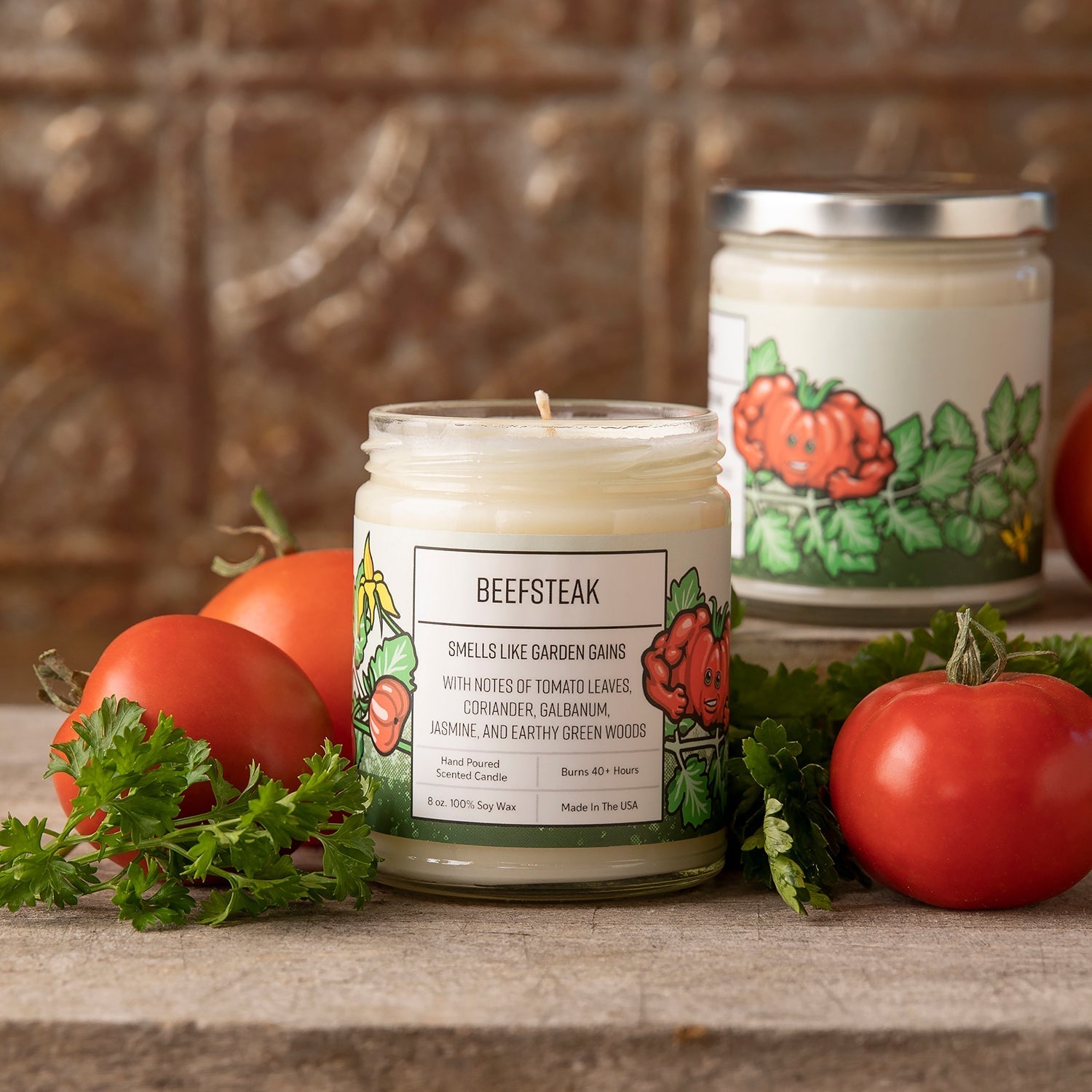 Beefsteak Tomato Leaf Candle - 100% Soy Wax, Eco - Friendly, Hand - Poured, 40+ Hour Burn Time - Soy Candles - Two Little Fruits - Two Little Fruits