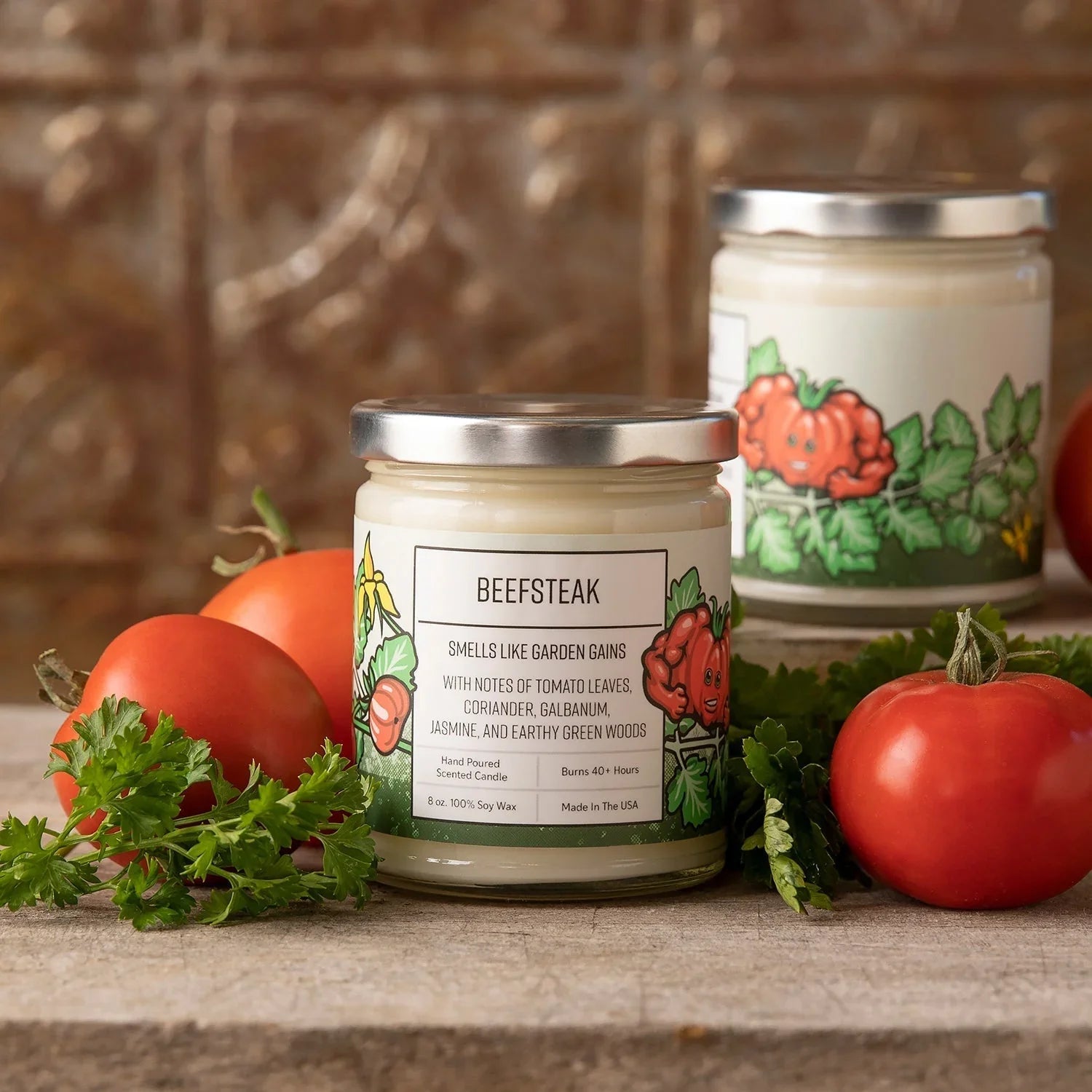 Beefsteak Tomato Leaf Candle - 100Soy Wax, Eco - Friendly, Hand - Poured, 40+ Hour Burn Time - Soy Candles - Two Little Fruits - Two Little Fruits