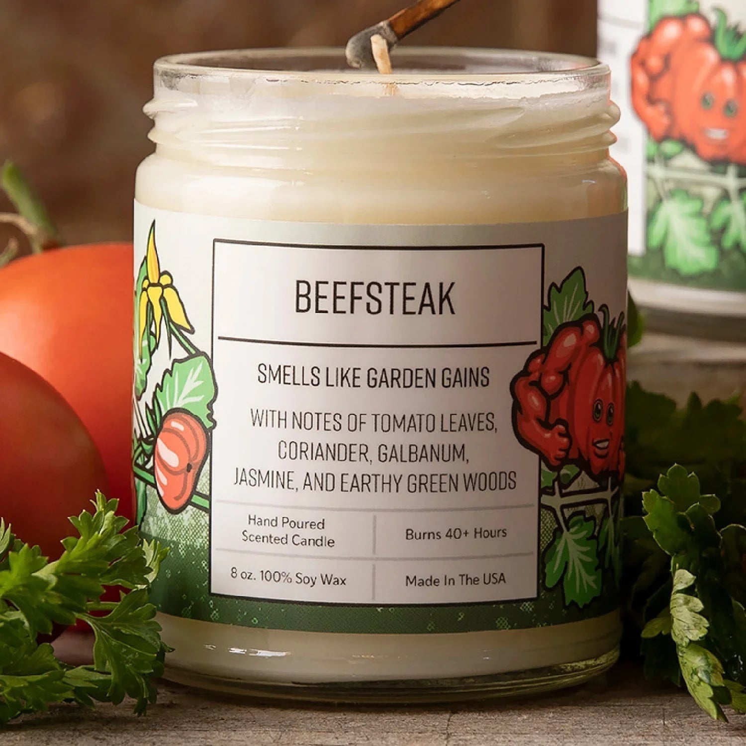 Beefsteak Tomato Leaf Candle - 100Soy Wax, Eco - Friendly, Hand - Poured, 40+ Hour Burn Time - Soy Candles - Two Little Fruits - Two Little Fruits