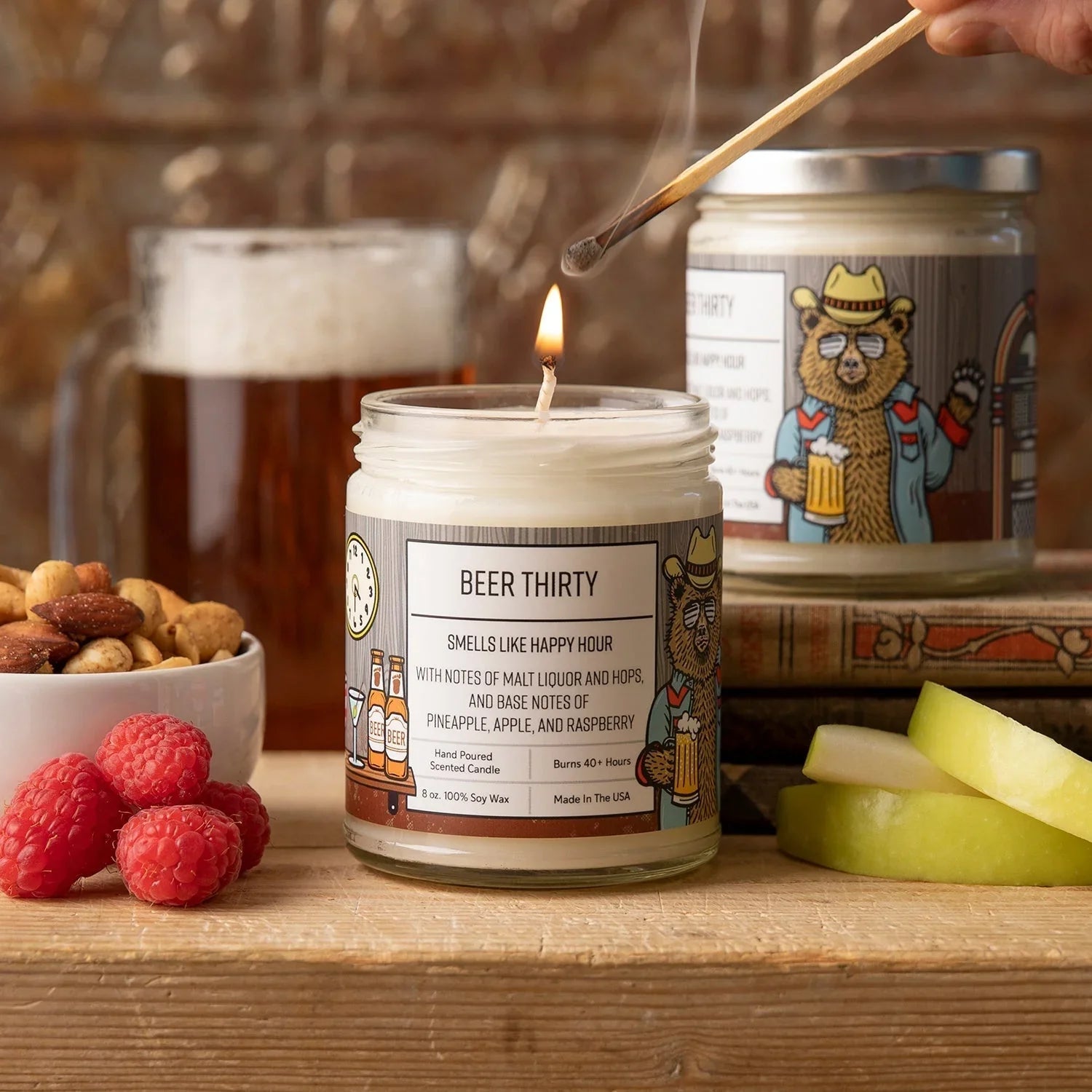 Beer Scented Candle - 8oz Hand - Poured Eco - Friendly Soy Wax with Hops, Malt Liquor, and Green Apple - Soy Candles - Two Little Fruits - Two Little Fruits