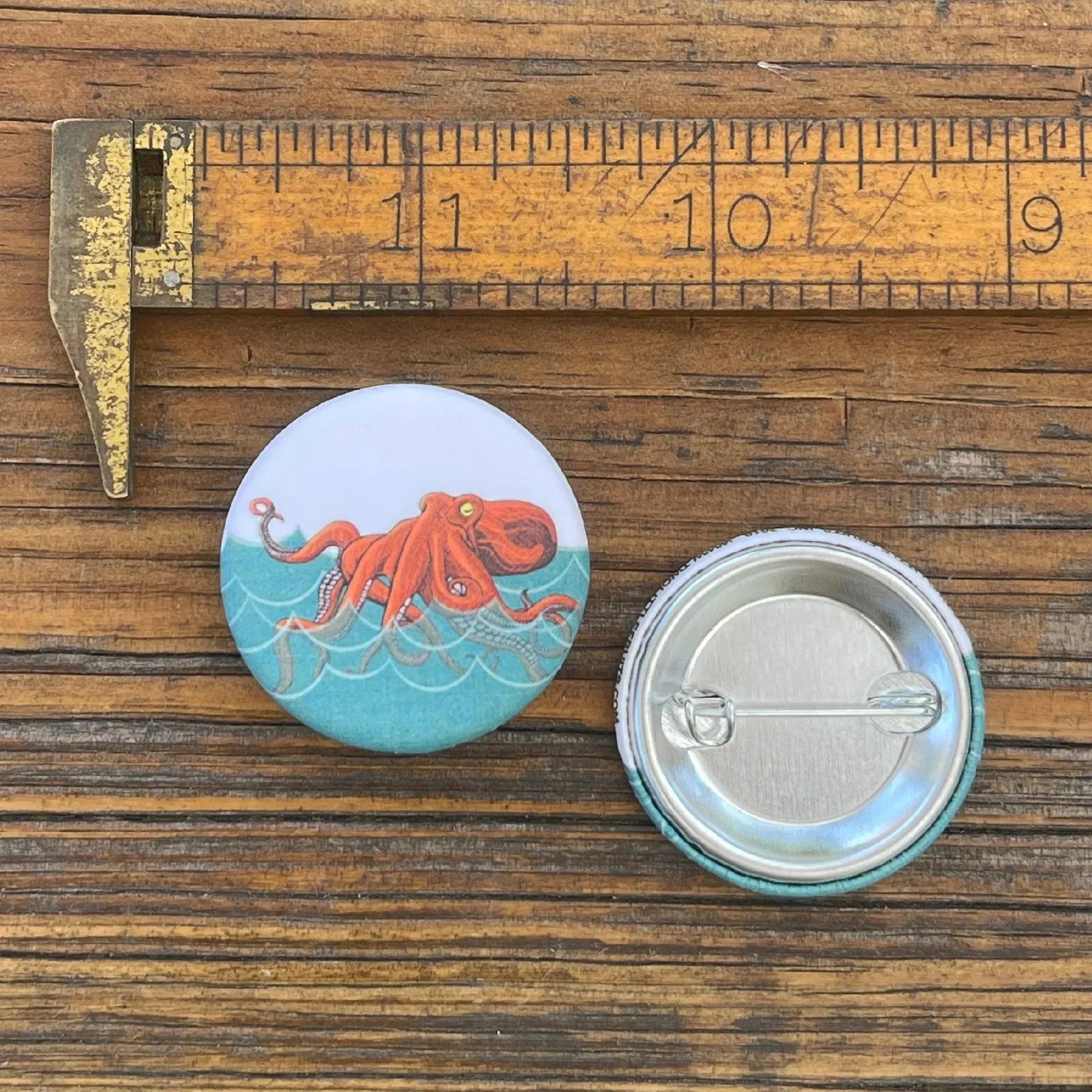 Bento The Octopus illustrated button pin by Two Little Fruits