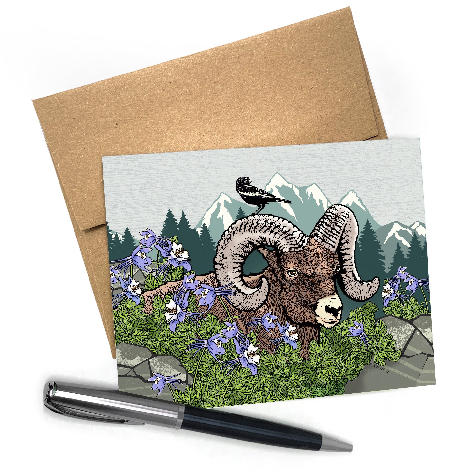 Bighorn Sheep Card with Columbine Design - A2 Size, Blank Inside, Includes Brown Envelope - Greeting Cards - Two Little Fruits - Two Little Fruits