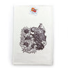 Single brown bison colorful tea towel displayed with a tag, highlighting its artistic sunflower design on a white background.