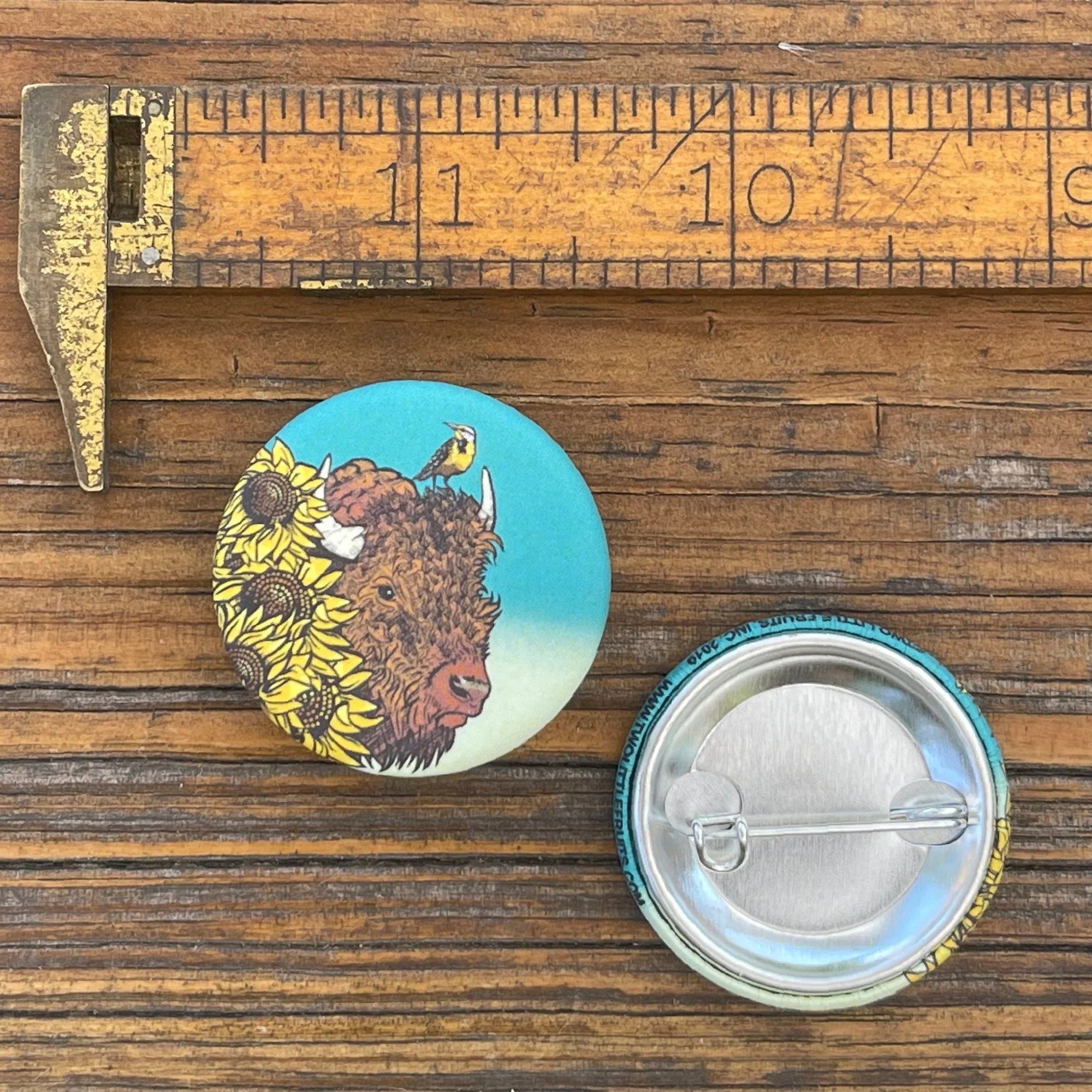 Bison Button Pin - 1.25" Buffalo Sunflower Design, Soft - Touch Matte Finish, Weather - Resistant - Button Pins - Two Little Fruits - Two Little Fruits