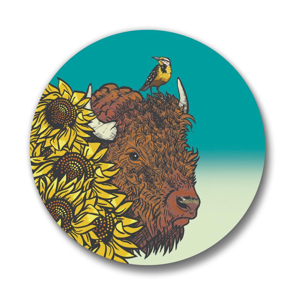 Bison Button Pin - 1.25" Buffalo Sunflower Design, Soft - Touch Matte Finish, Weather - Resistant - Button Pins - Two Little Fruits - Two Little Fruits