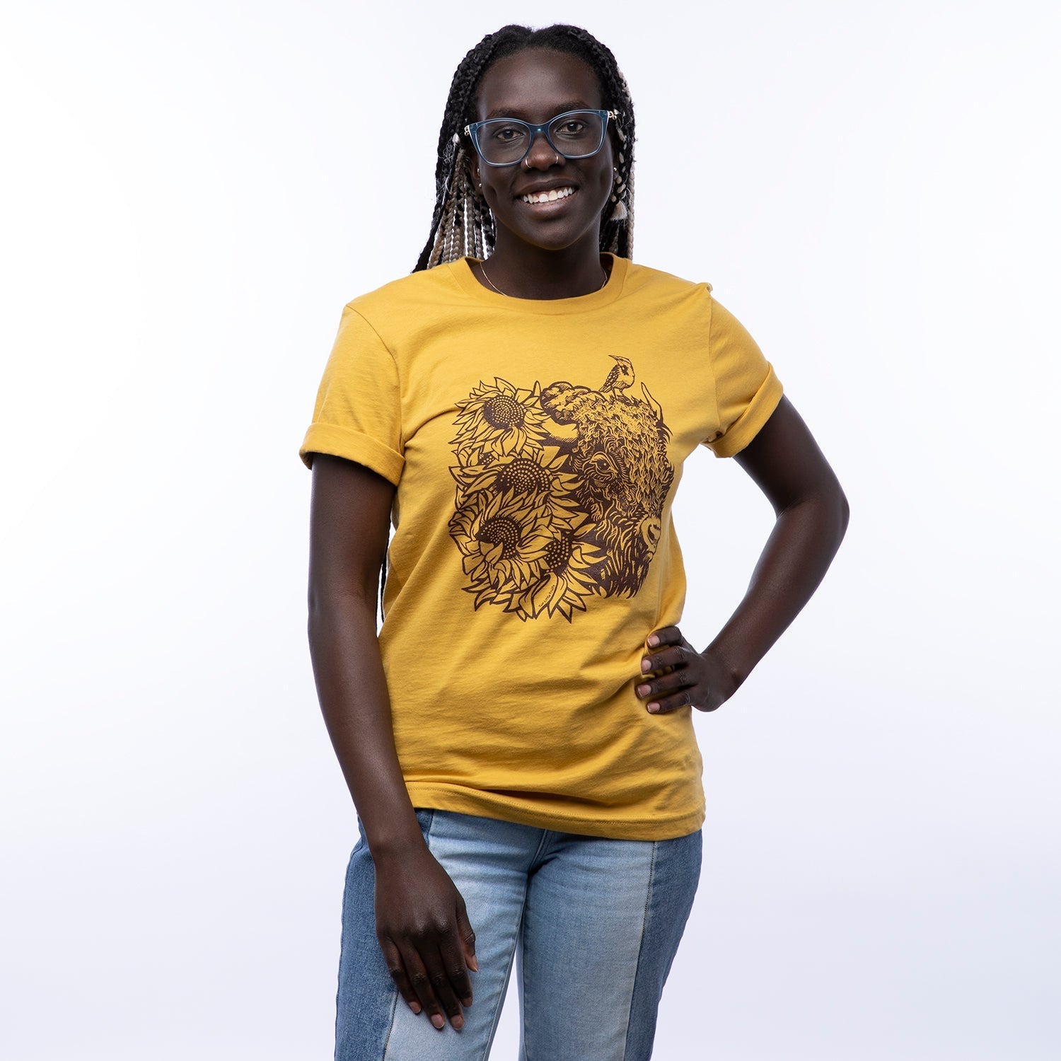 Bison Graphic T-Shirt with Sunflowers - Mustard | Unisex, Eco - Friendly, Made in USA - Tee Shirts - Two Little Fruits - Two Little Fruits