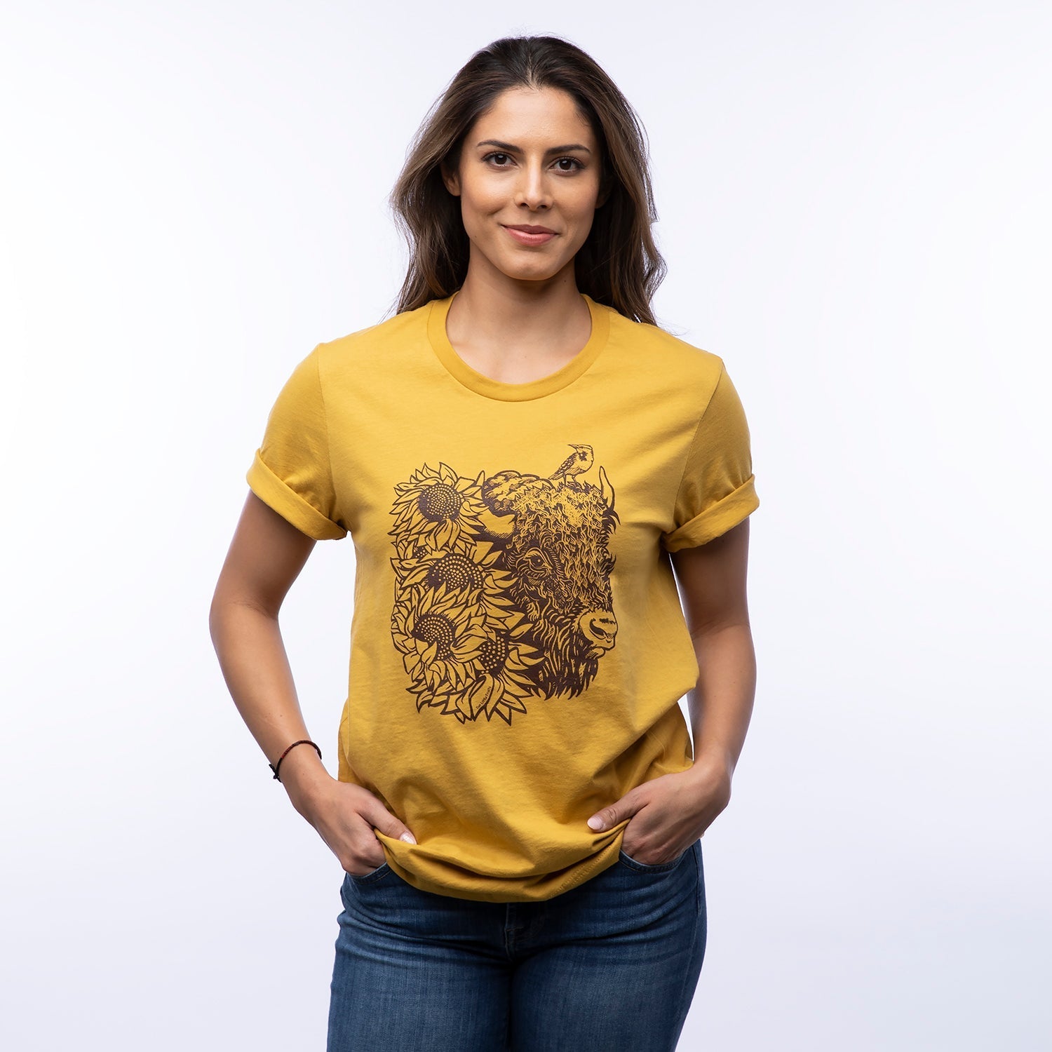 Bison Graphic T-Shirt with Sunflowers - Mustard | Unisex, Eco - Friendly, Made in USA - Tee Shirts - Two Little Fruits - Two Little Fruits