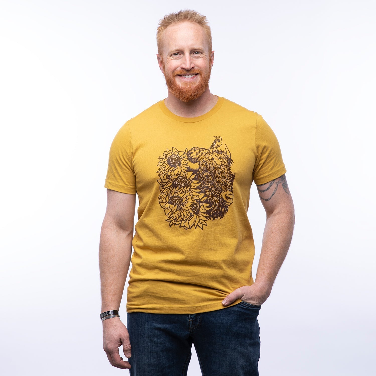 Bison Graphic T-Shirt with Sunflowers - Mustard | Unisex, Eco - Friendly, Made in USA - Tee Shirts - Two Little Fruits - Two Little Fruits