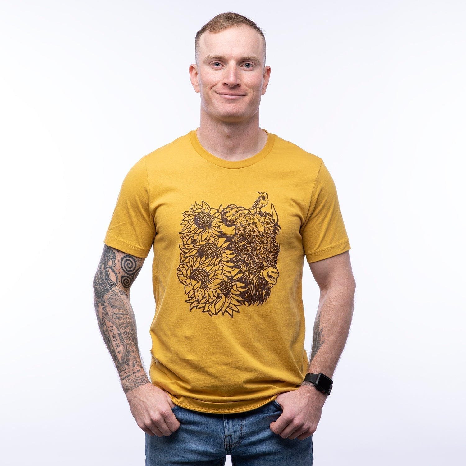 Bison Graphic T-Shirt with Sunflowers - Mustard | Unisex, Eco - Friendly, Made in USA - Tee Shirts - Two Little Fruits - Two Little Fruits