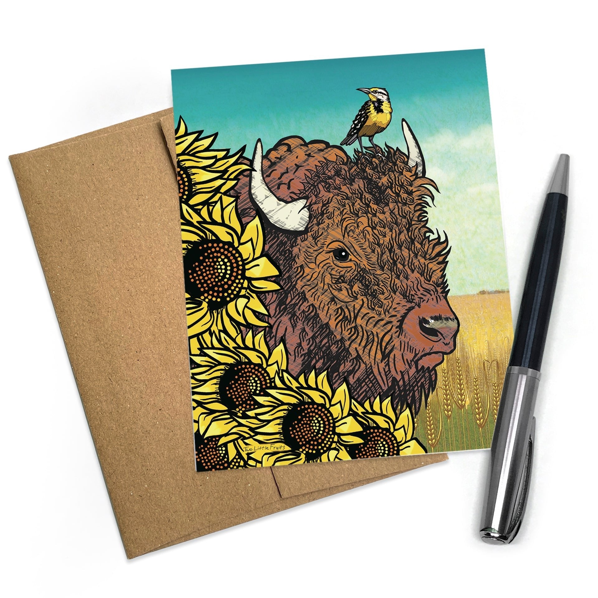 Bison Greeting Card with Sunflowers - A2 Blank Card, Eco - Friendly Envelope Included - Greeting Cards - Two Little Fruits - Two Little Fruits