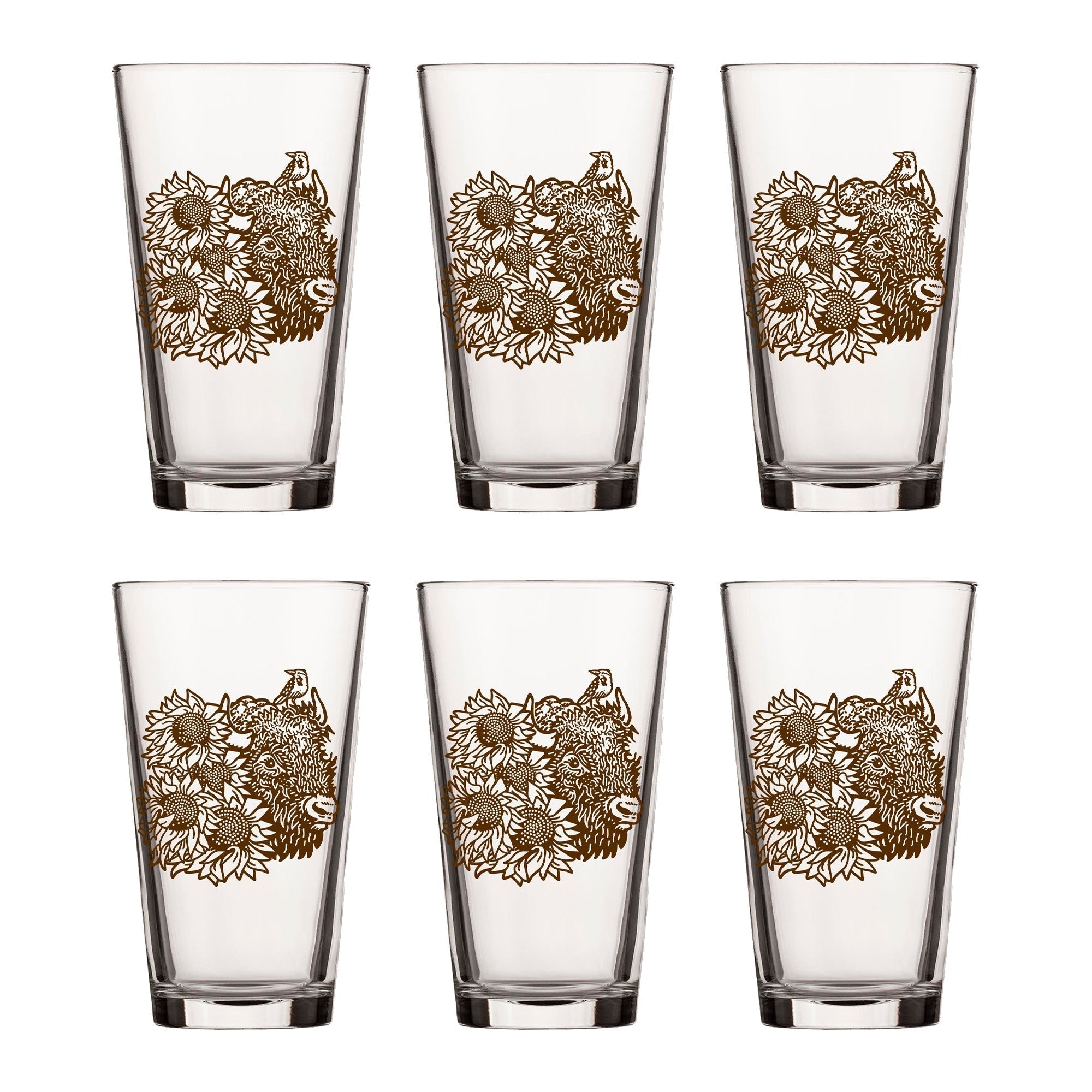 Bison Pint Glass With Sunflower Illustration, 16 Fl Oz - Pint Glass - Two Little Fruits - Two Little Fruits