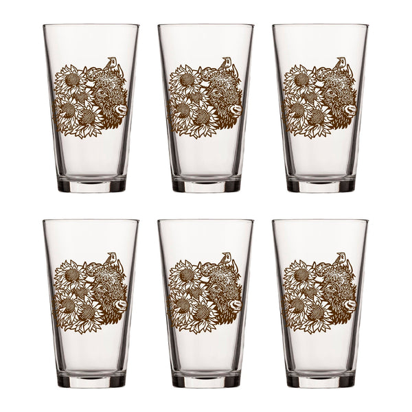 Bison Pint Glass With Sunflower Illustration, 16 Fl Oz - Pint Glass - Two Little Fruits - Two Little Fruits