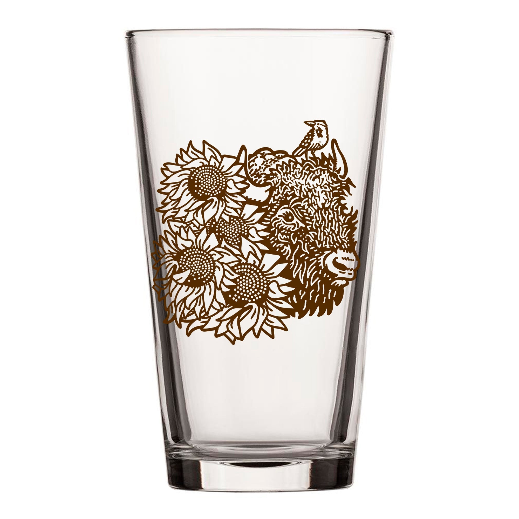 Bison Pint Glass With Sunflower Illustration, 16 Fl Oz - Pint Glass - Two Little Fruits - Two Little Fruits