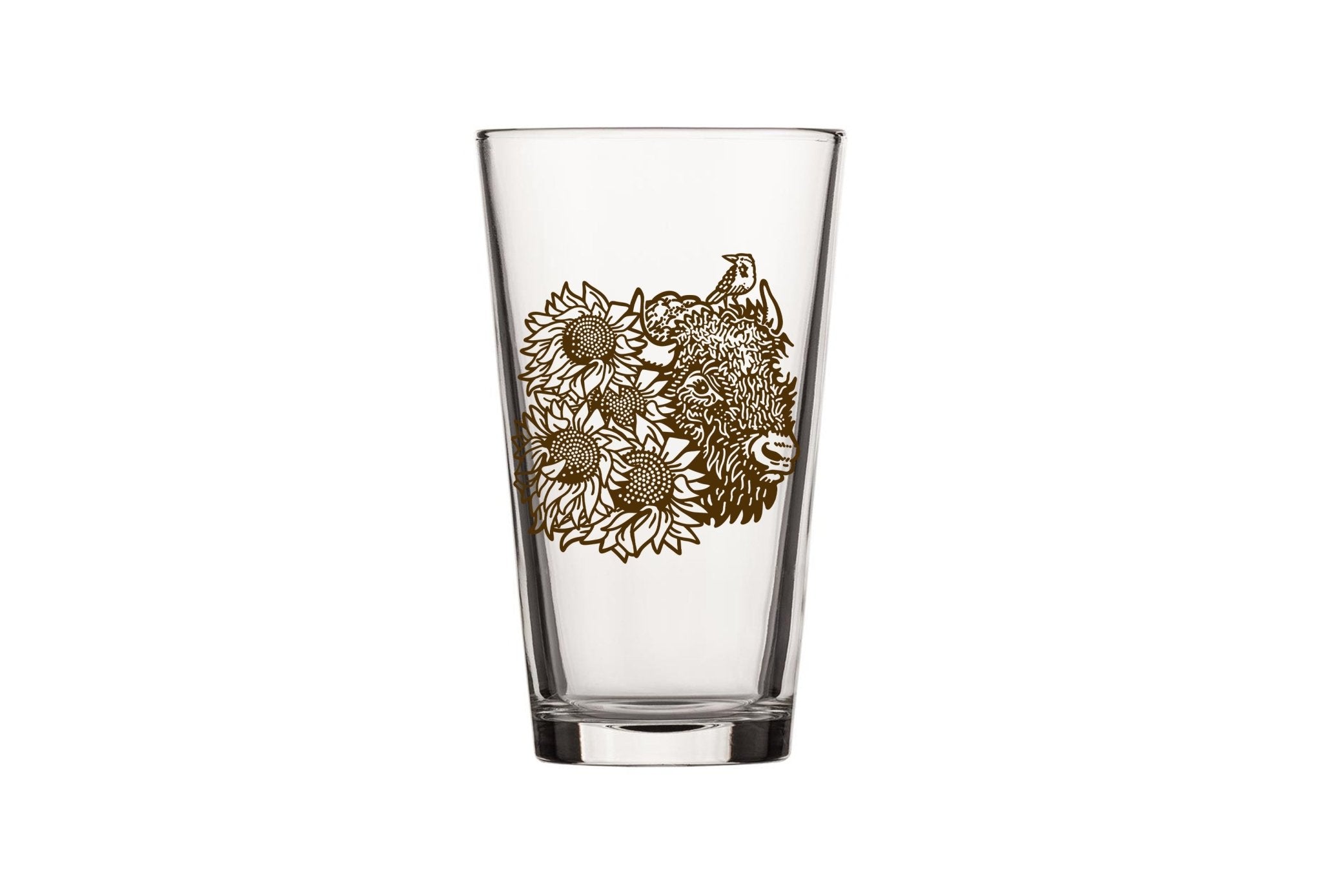 Bison Pint Glass With Sunflower Illustration, 16 Fl Oz - Pint Glass - Two Little Fruits - Two Little Fruits