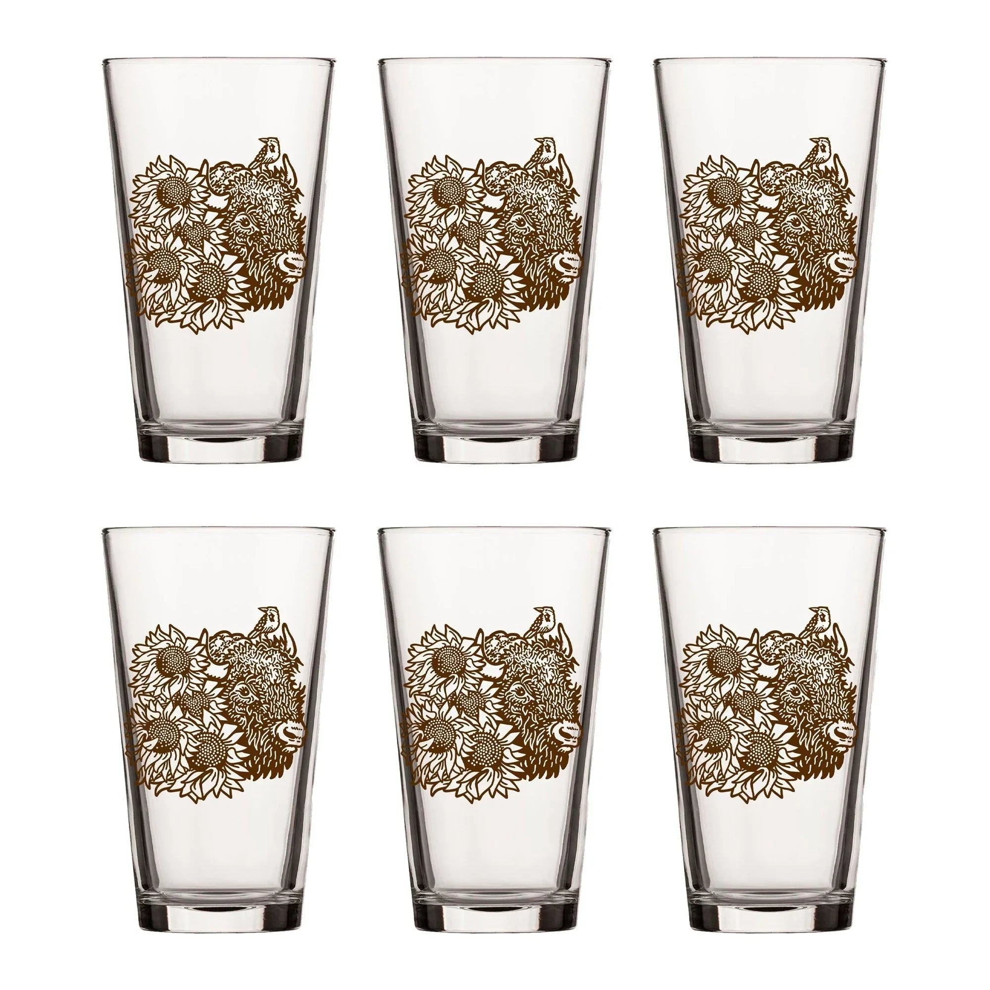 Bison Pint Glass With Sunflower Illustration, 16 Fl Oz - Pint Glass - Two Little Fruits - Two Little Fruits